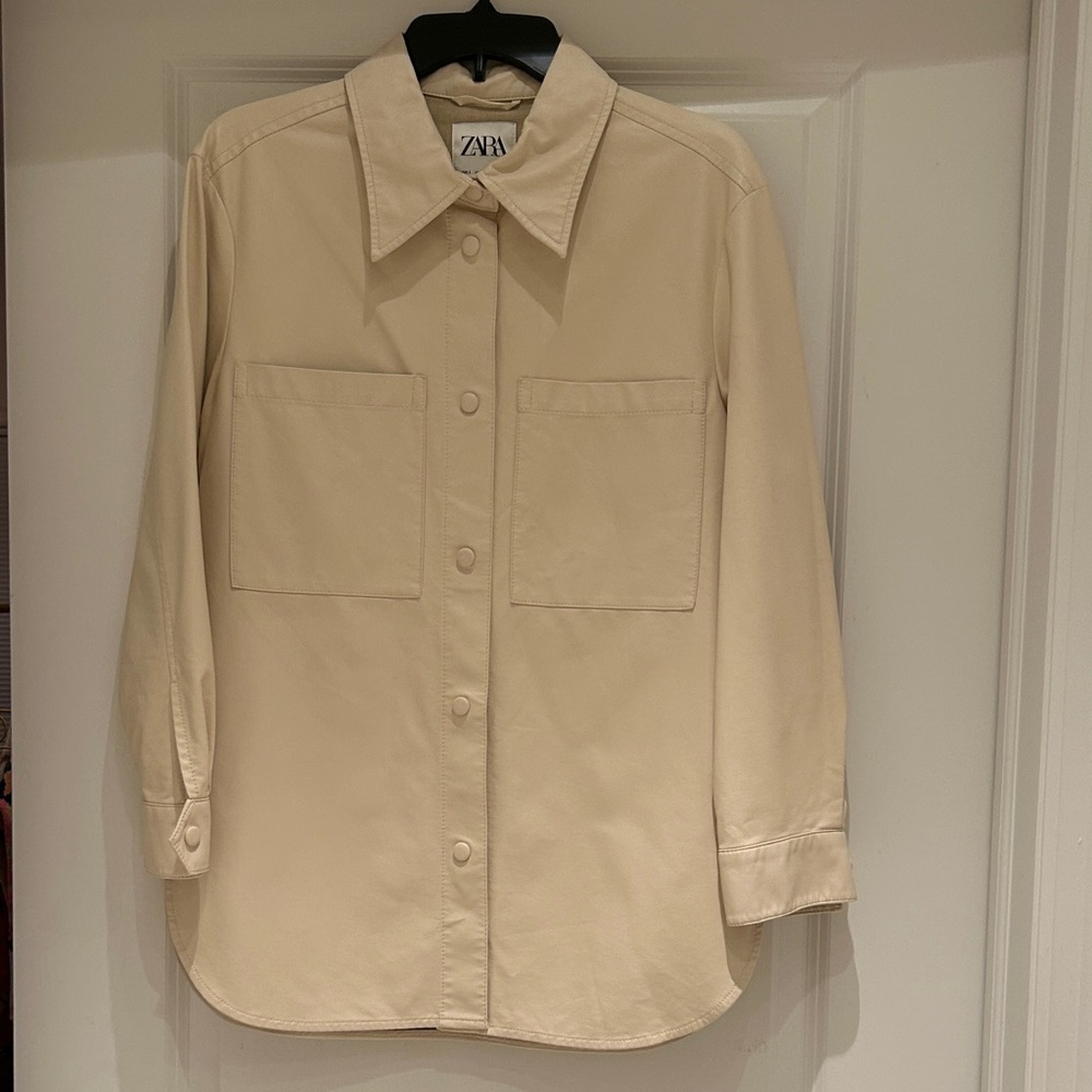 Zara Ivory Cream Beige Long-Sleeve Faux Leather Shirt